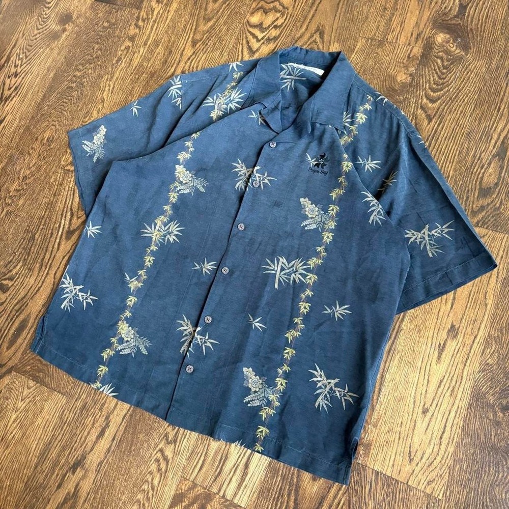 Tommy Bahama 100% Silk Shirt XL Poipu Bay Tropical Leaf Shirt AOP Camp Black